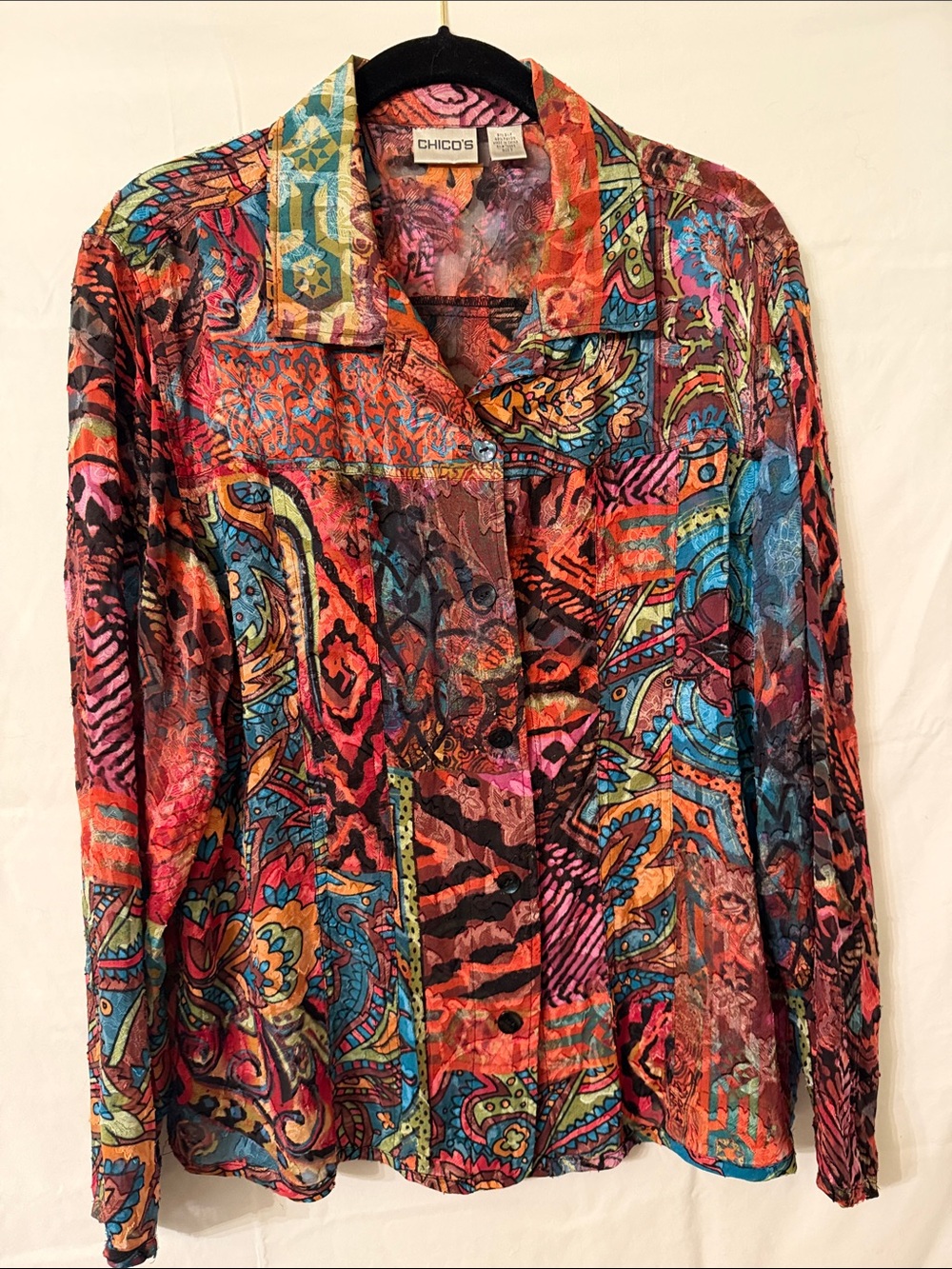 Chico's Multicolor Pink, Orange and Green Paisley Silk Blouse